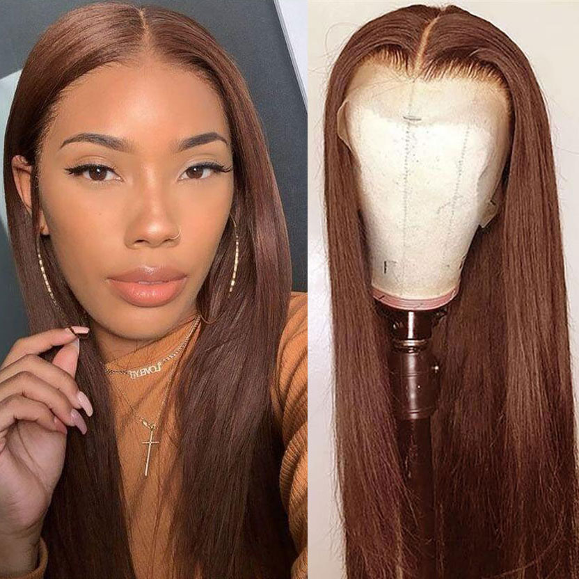 Human Hair 13x4 Transparent Lace Front  #4 Brown Color Straight Wigs